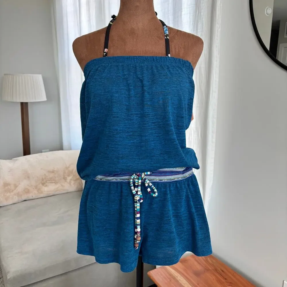 2000s Lucky Brand Bathing Suits Swim Romper Cover Up Strapless Blue Boho XS‎ / S
